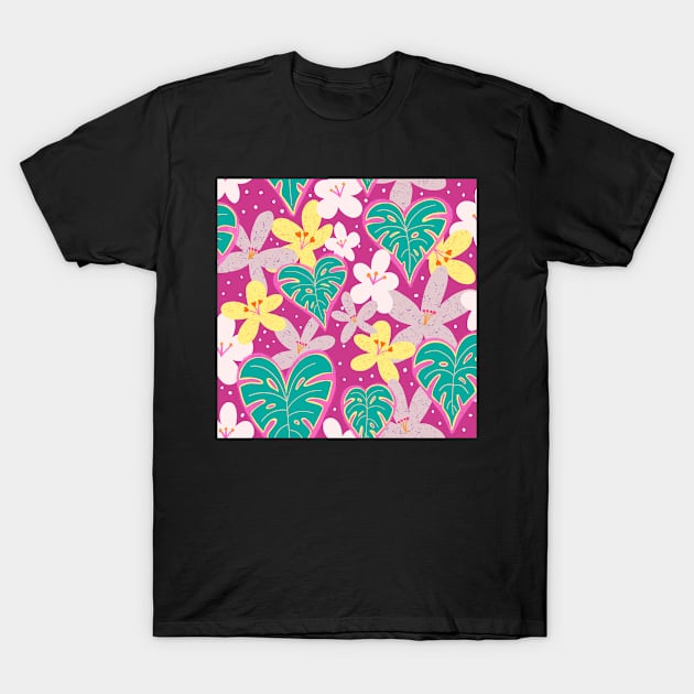 Monstera hearts and tropical florals on magenta T-Shirt by Papergrape